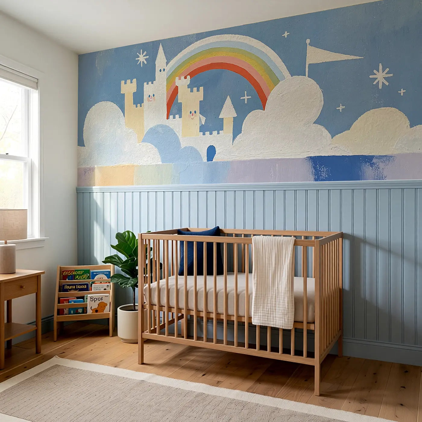 Flat Cloud Castle Kingdom Wainscoting Wallpaper styled in a kids bedroom by Whimsy Tots