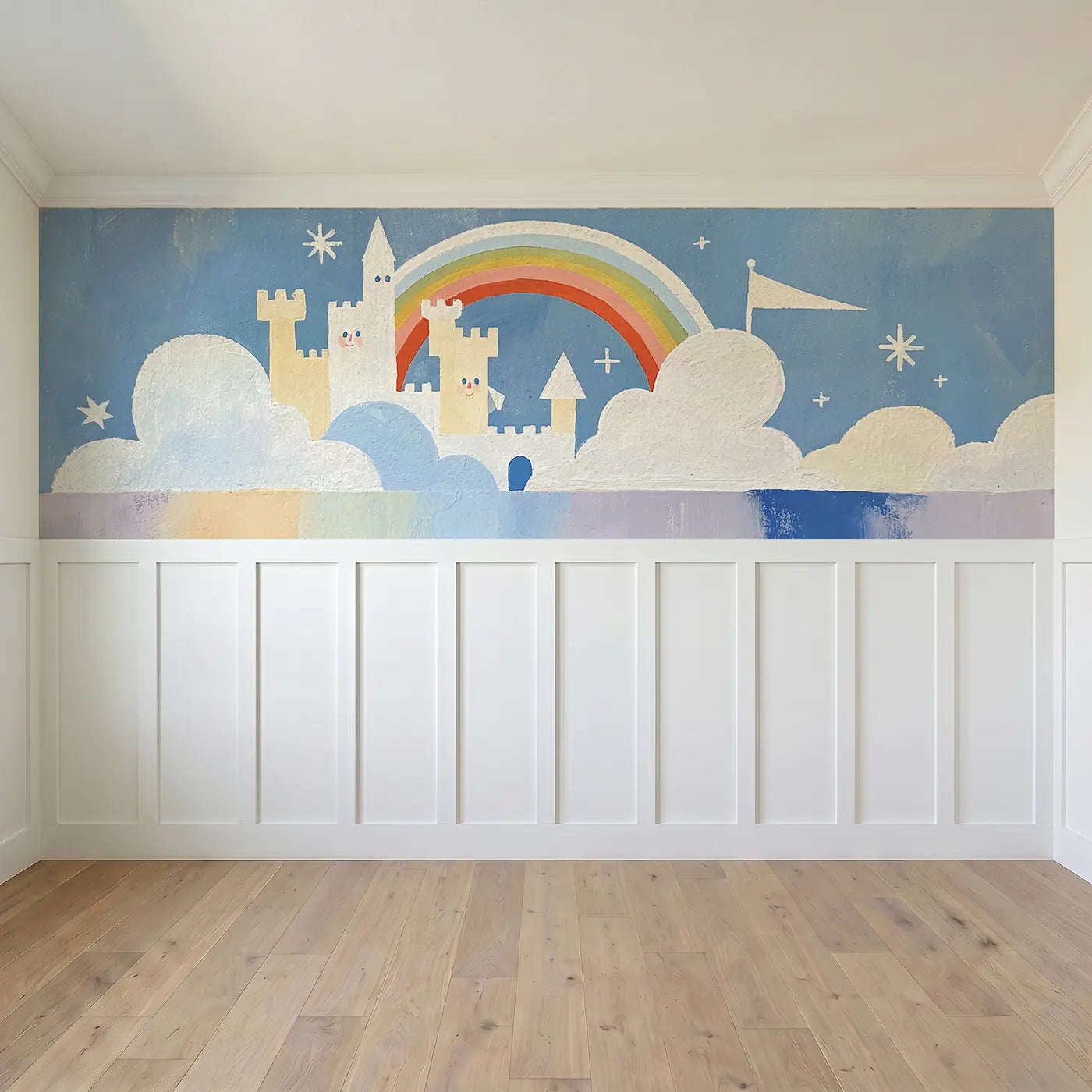 Full panel view of Flat Cloud Castle Kingdom Wainscoting Wallpaper by Whimsy Tots