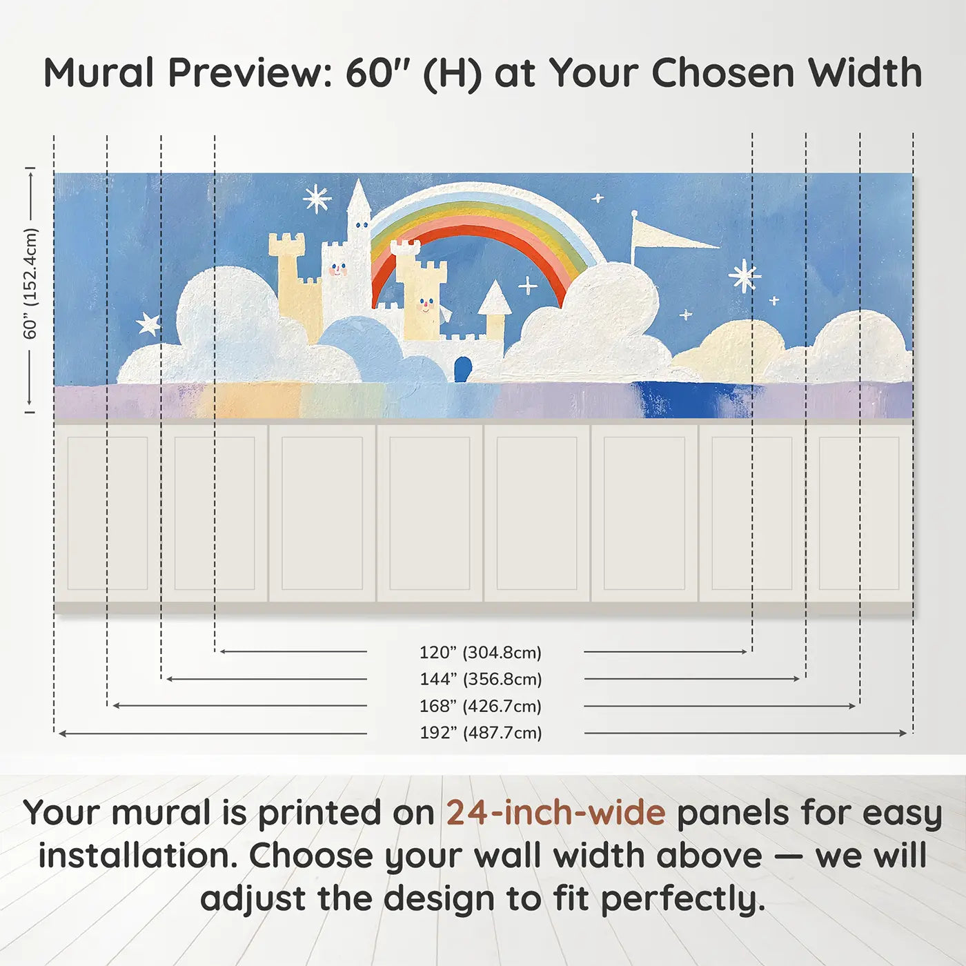 Panel dimensions for Flat Cloud Castle Kingdom Wainscoting Wallpaper by Whimsy Tots