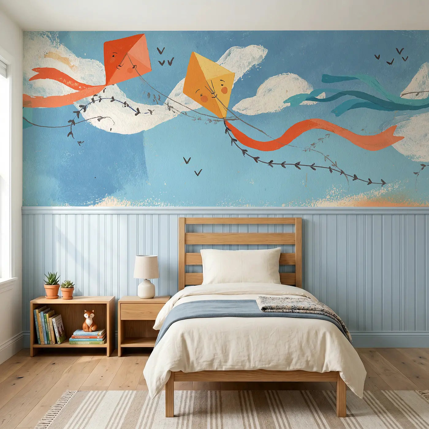 Modern Illustration Scandi kite string sky wainscoting wallpaper for nursery by Whimsy Tots