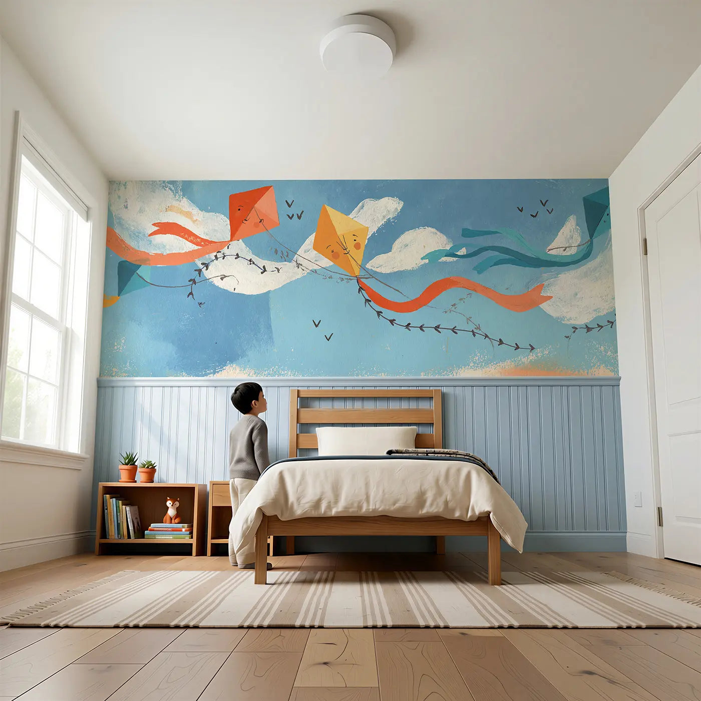 Child reading near Scandi Kite String Sky Wainscoting Wallpaper by Whimsy Tots