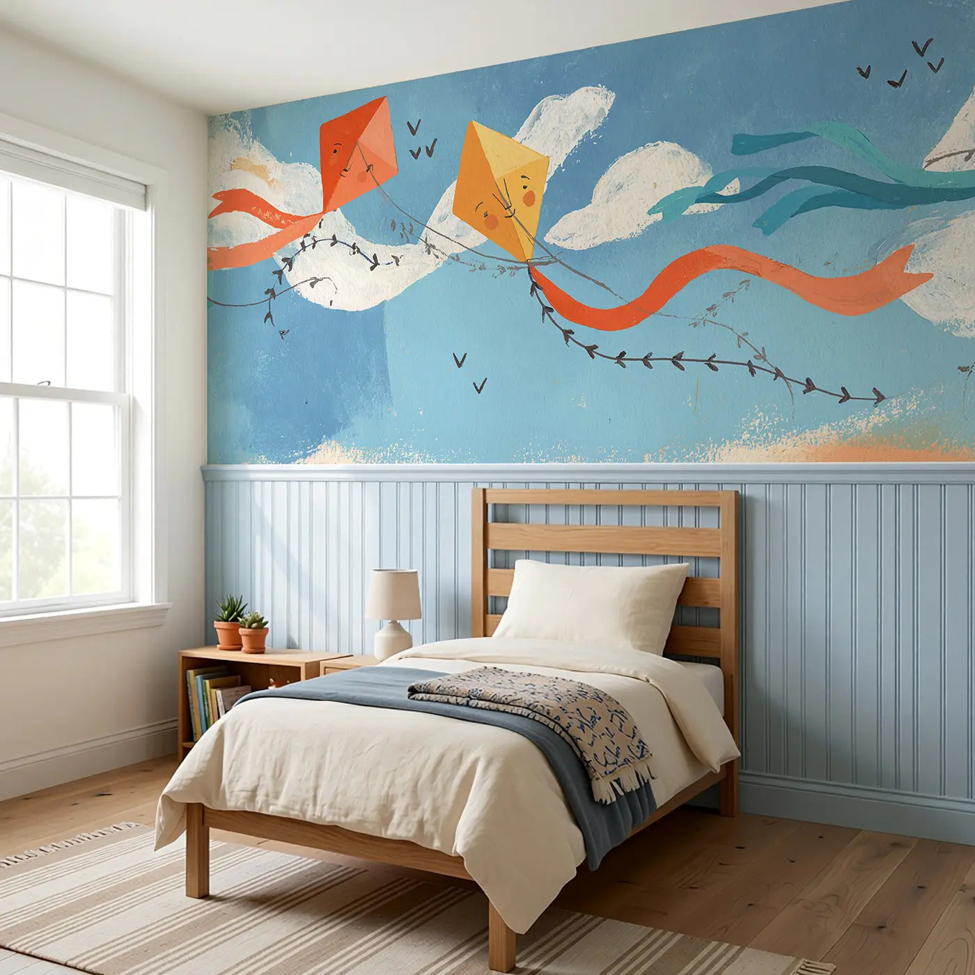 Scandi Kite String Sky Wainscoting Wallpaper styled in a kids bedroom by Whimsy Tots