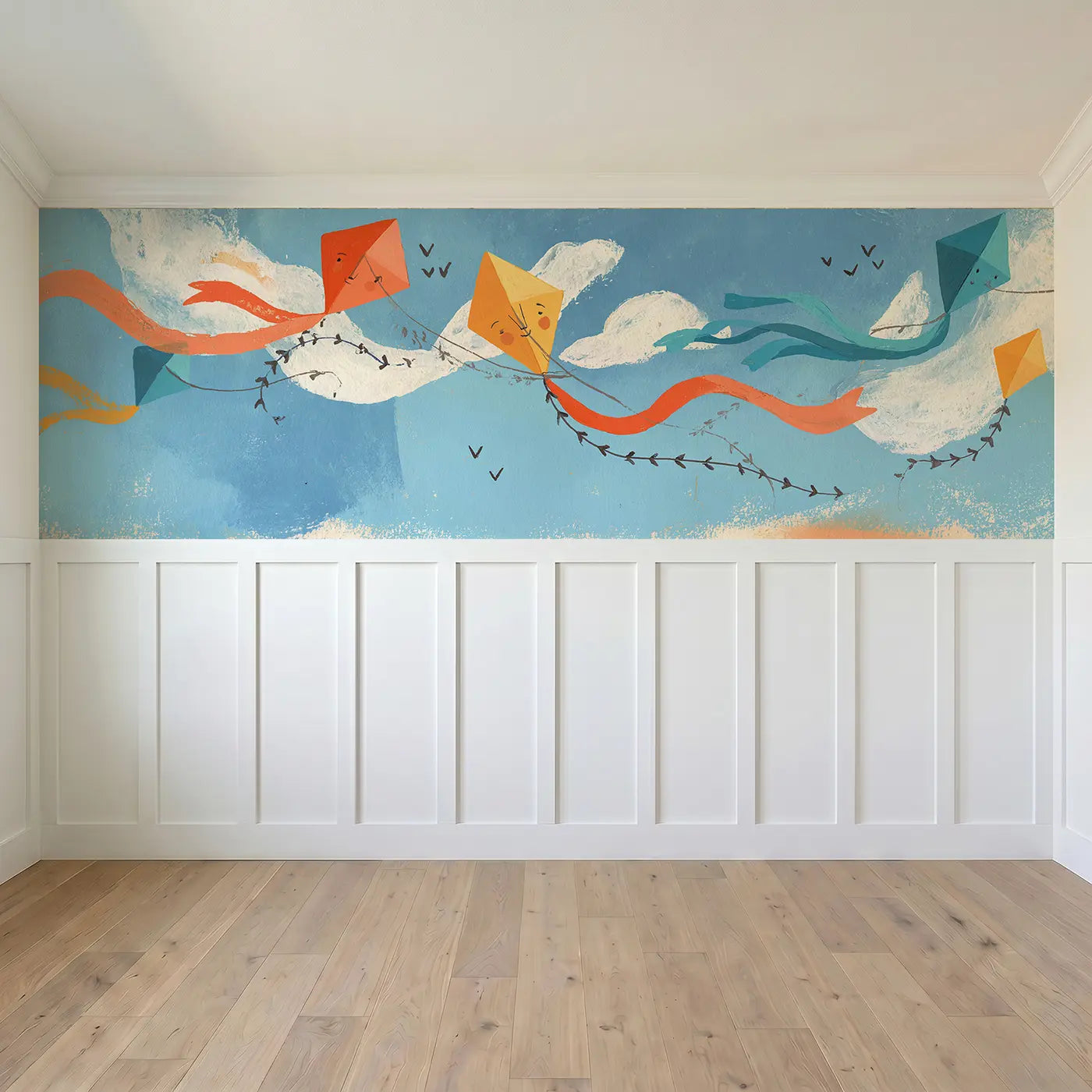 Full panel view of Scandi Kite String Sky Wainscoting Wallpaper by Whimsy Tots