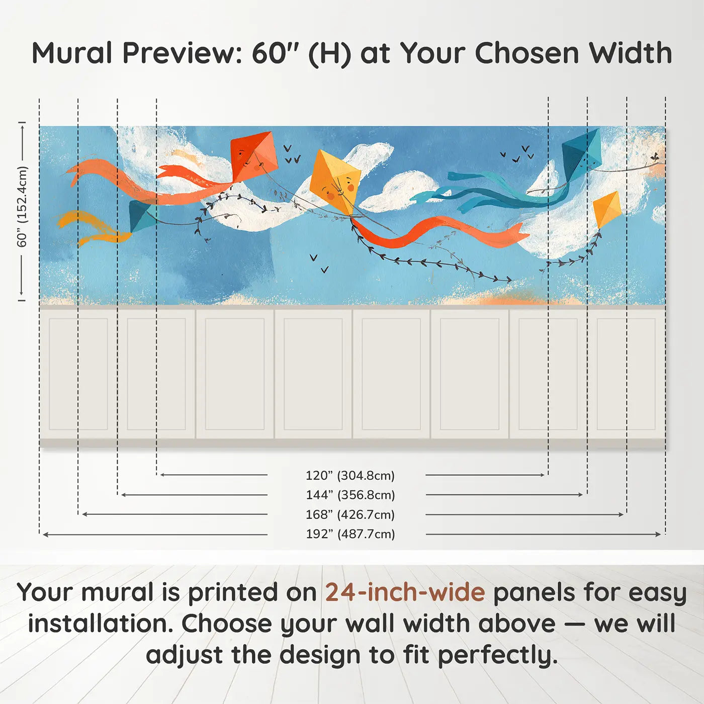 Panel dimensions for Scandi Kite String Sky Wainscoting Wallpaper by Whimsy Tots
