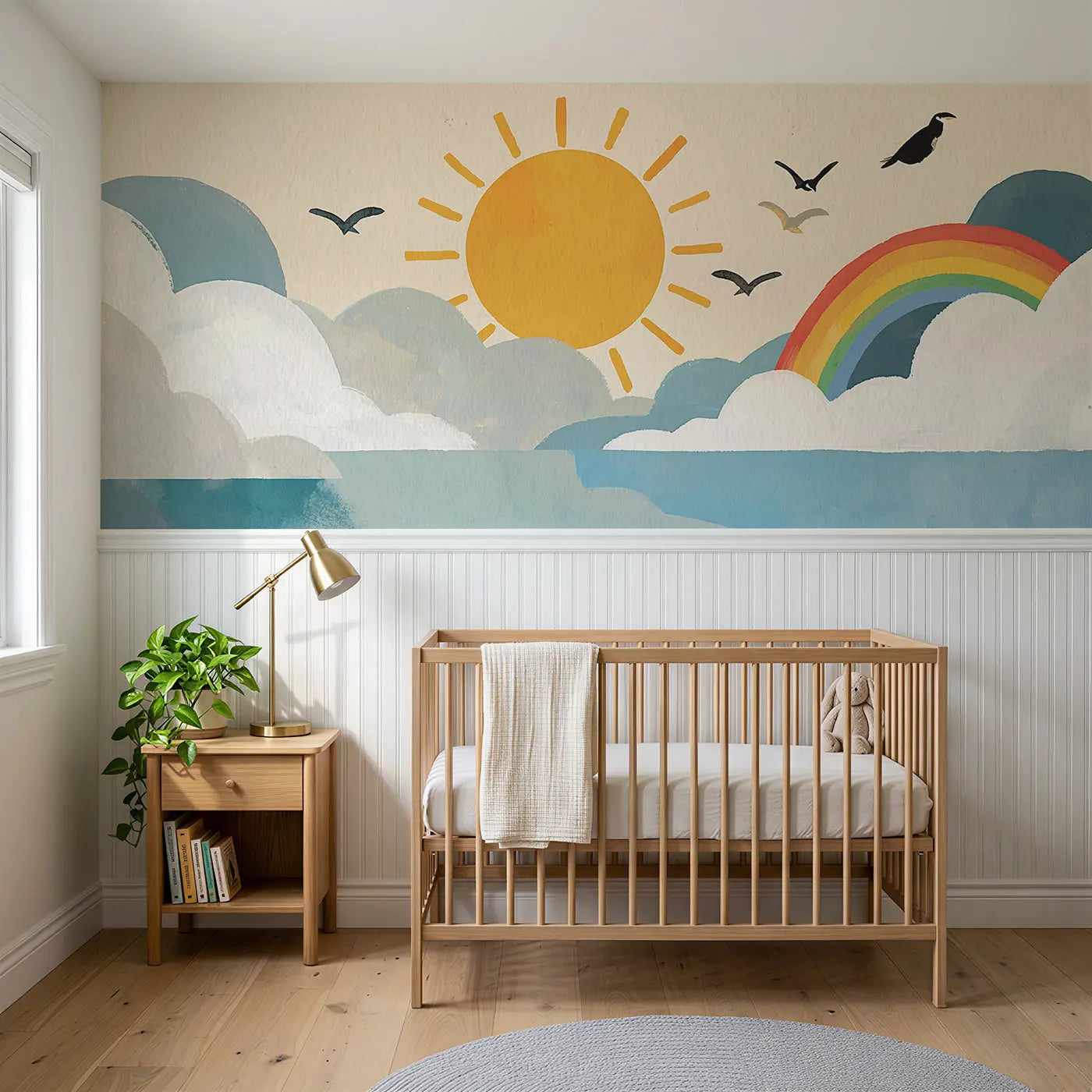 Modern Illustration bold sun cloud happy wainscoting wallpaper for nursery by Whimsy Tots