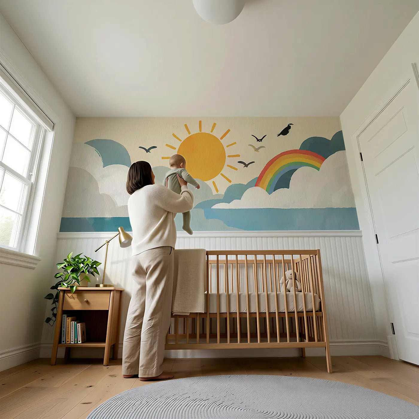 Child reading near Bold Sun Cloud Happy Wainscoting Wallpaper by Whimsy Tots