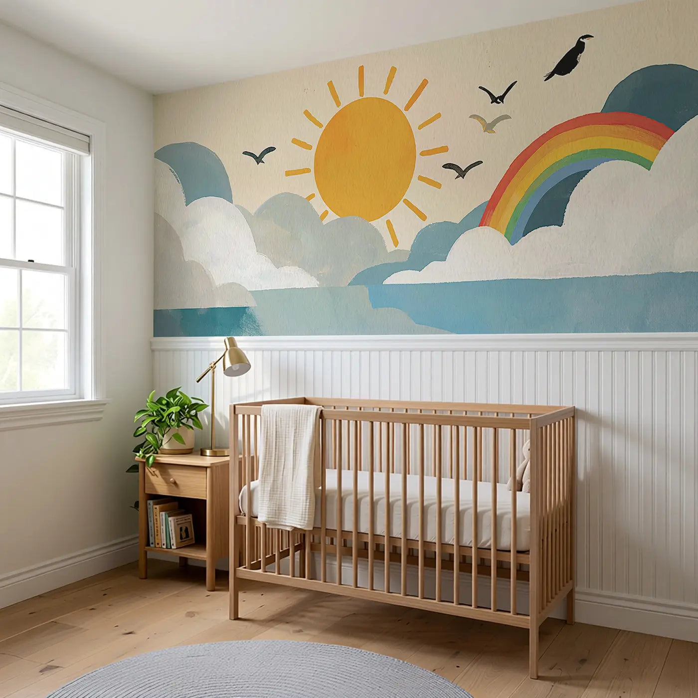 Bold Sun Cloud Happy Wainscoting Wallpaper styled in a kids bedroom by Whimsy Tots