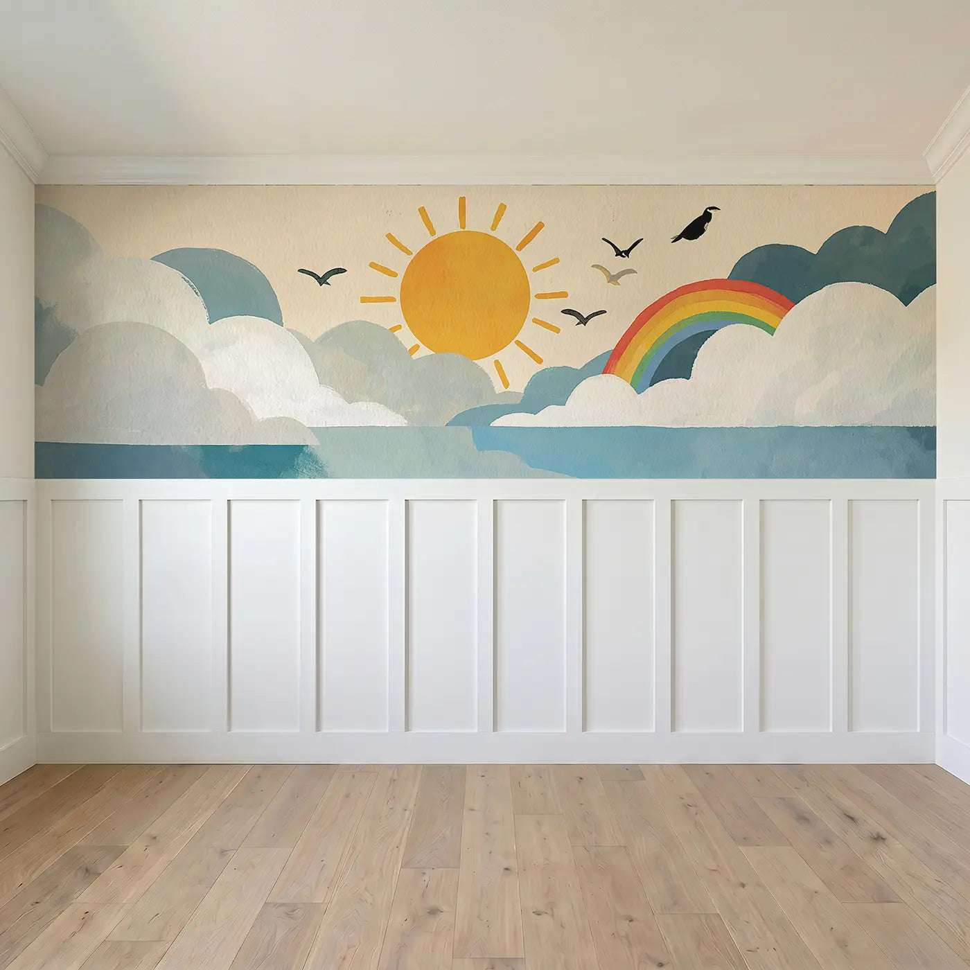 Full panel view of Bold Sun Cloud Happy Wainscoting Wallpaper by Whimsy Tots