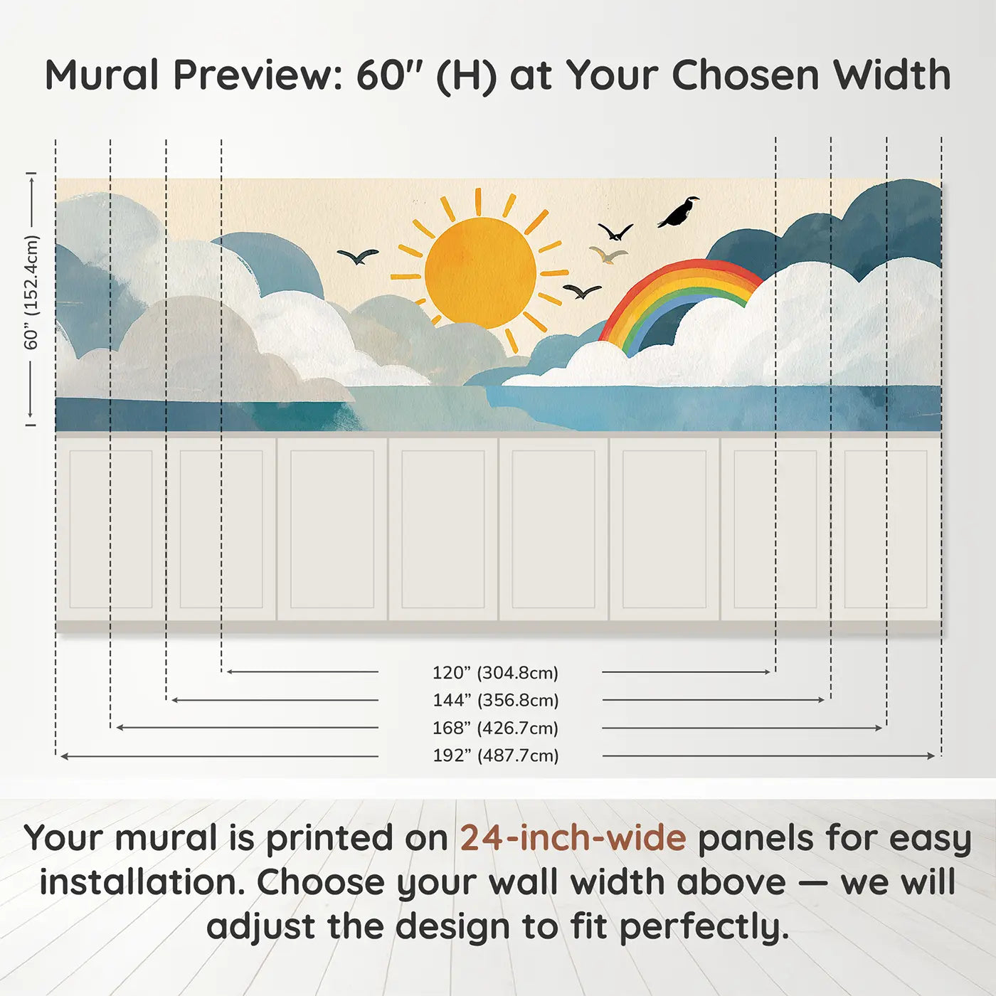 Panel dimensions for Bold Sun Cloud Happy Wainscoting Wallpaper by Whimsy Tots