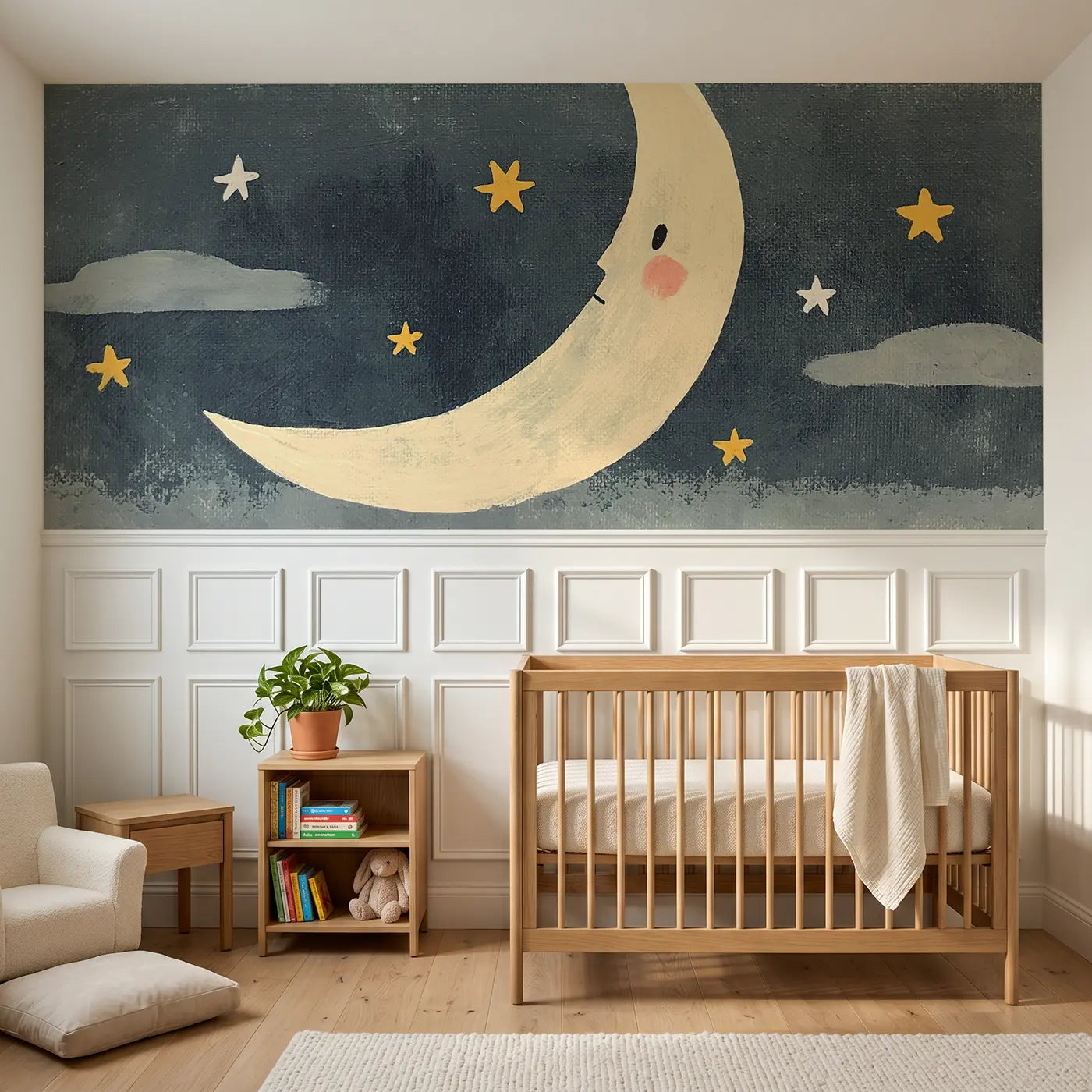 Modern Illustration flat night sky moon stars wainscoting wallpaper for nursery by Whimsy Tots