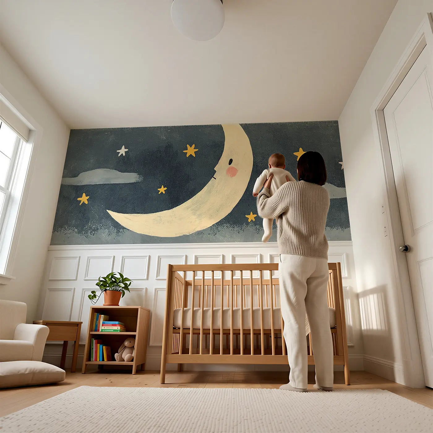 Child reading near Flat Night Sky Moon Stars Wainscoting Wallpaper by Whimsy Tots