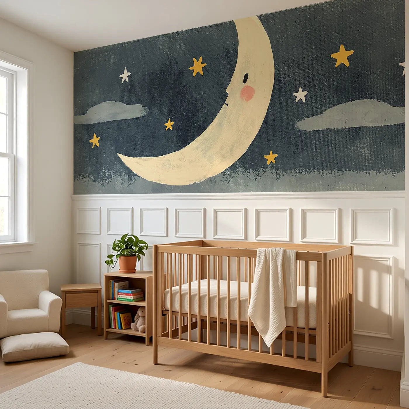 Flat Night Sky Moon Stars Wainscoting Wallpaper styled in a kids bedroom by Whimsy Tots