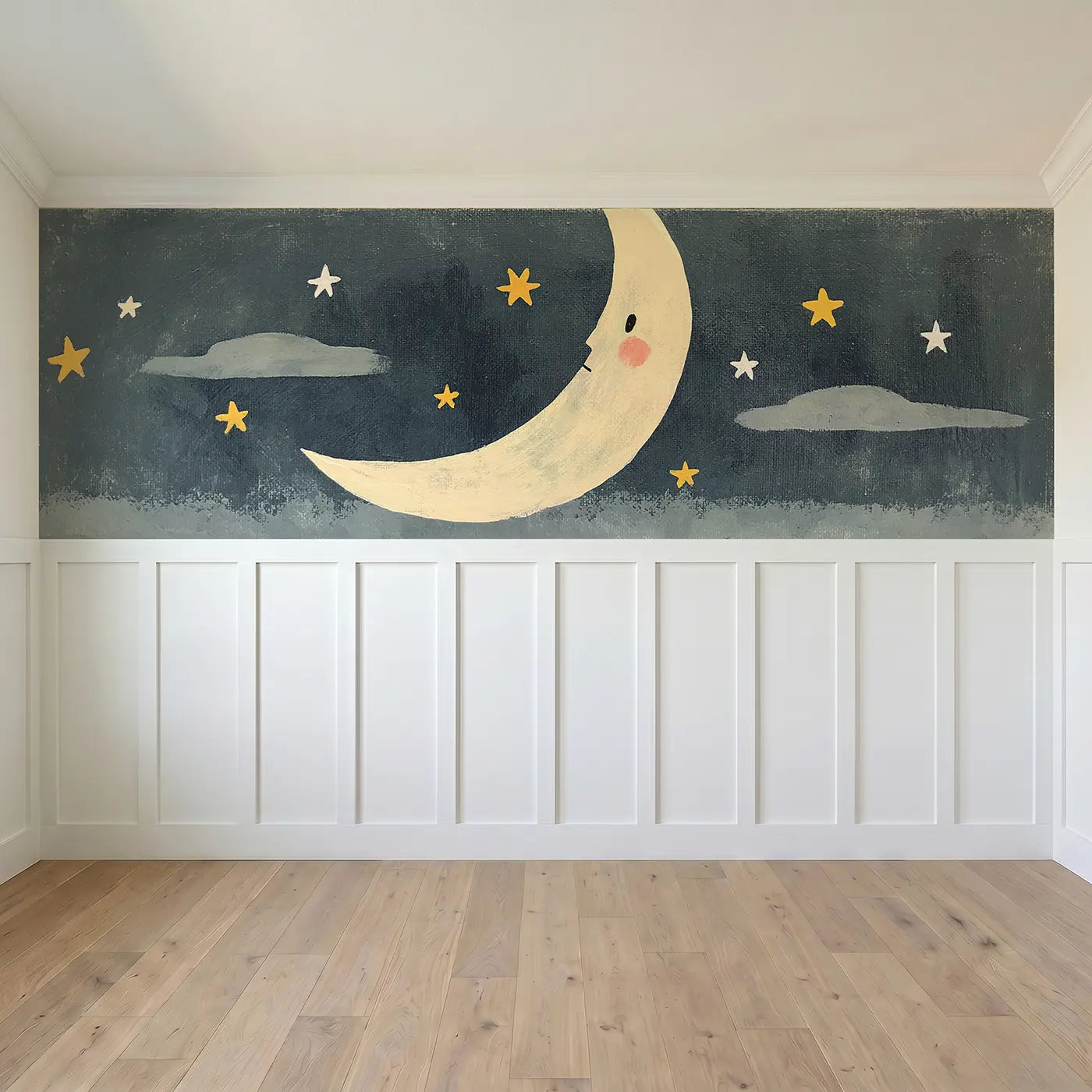 Full panel view of Flat Night Sky Moon Stars Wainscoting Wallpaper by Whimsy Tots