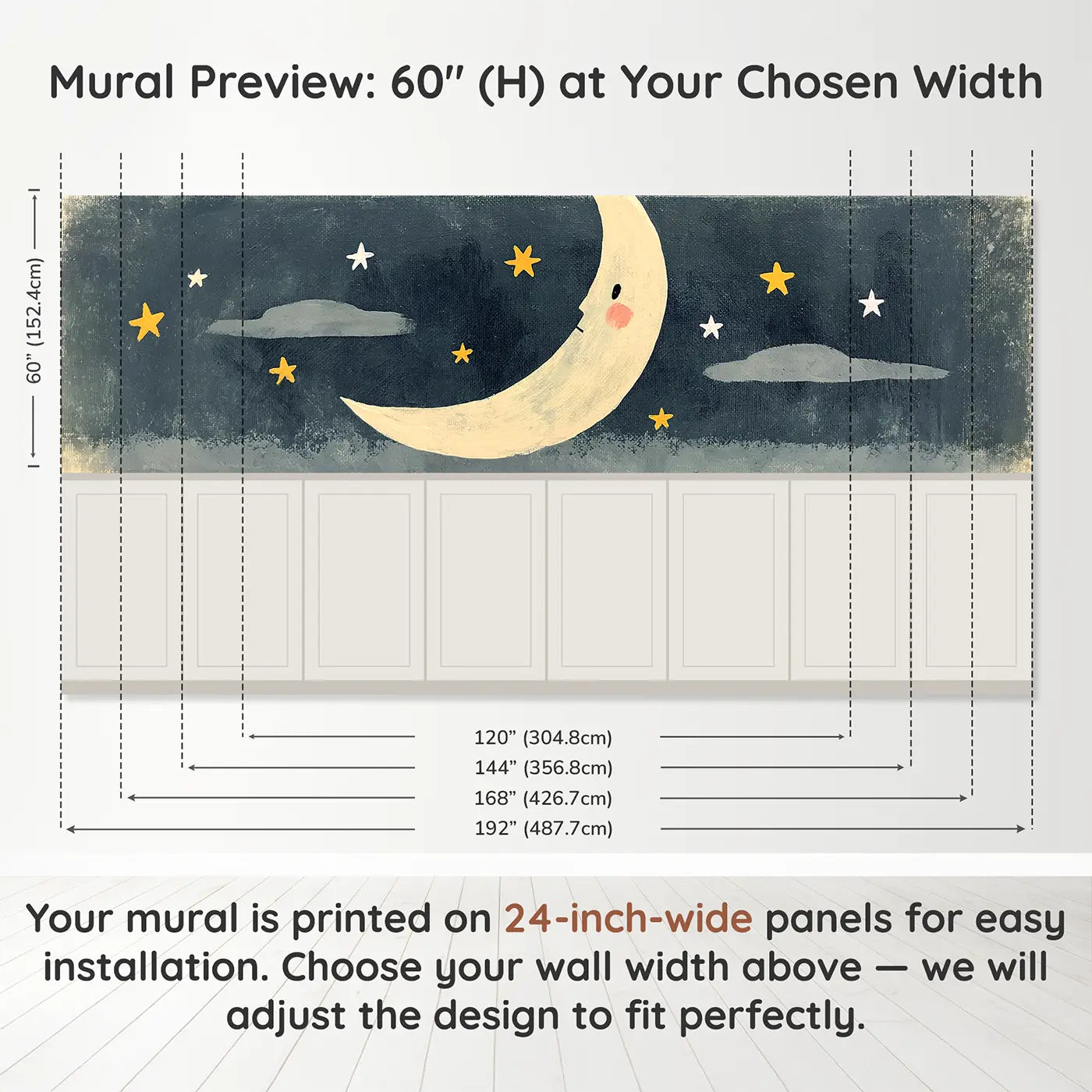 Panel dimensions for Flat Night Sky Moon Stars Wainscoting Wallpaper by Whimsy Tots