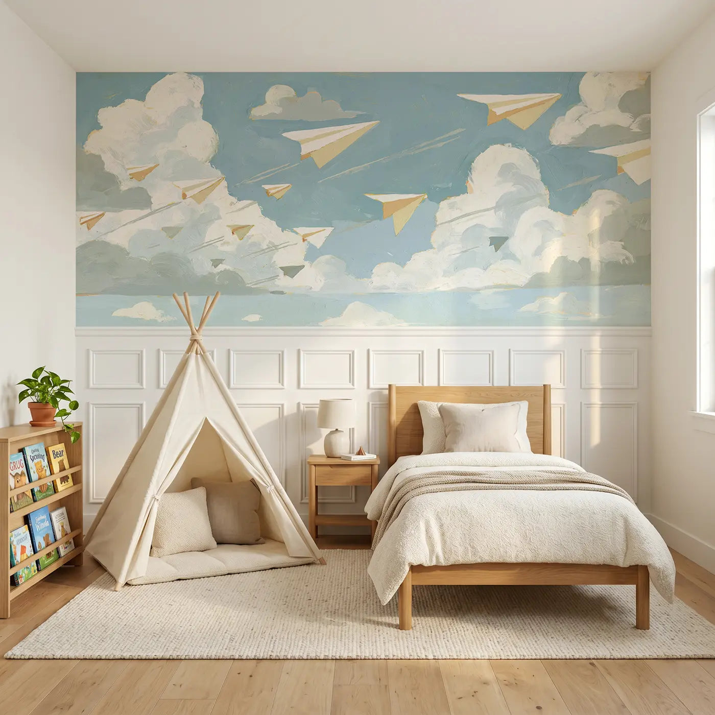 Modern Illustration graphic paper plane fleet wainscoting wallpaper for bedroom by Whimsy Tots