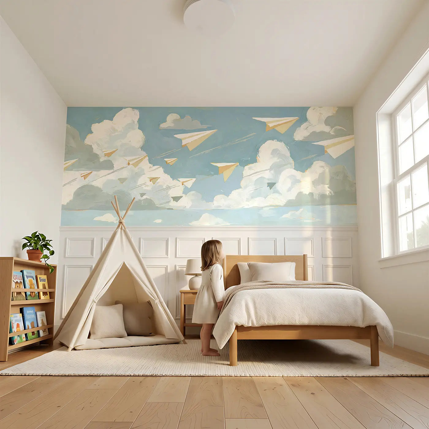 Child reading near Graphic Paper Plane Fleet Wainscoting Wallpaper by Whimsy Tots