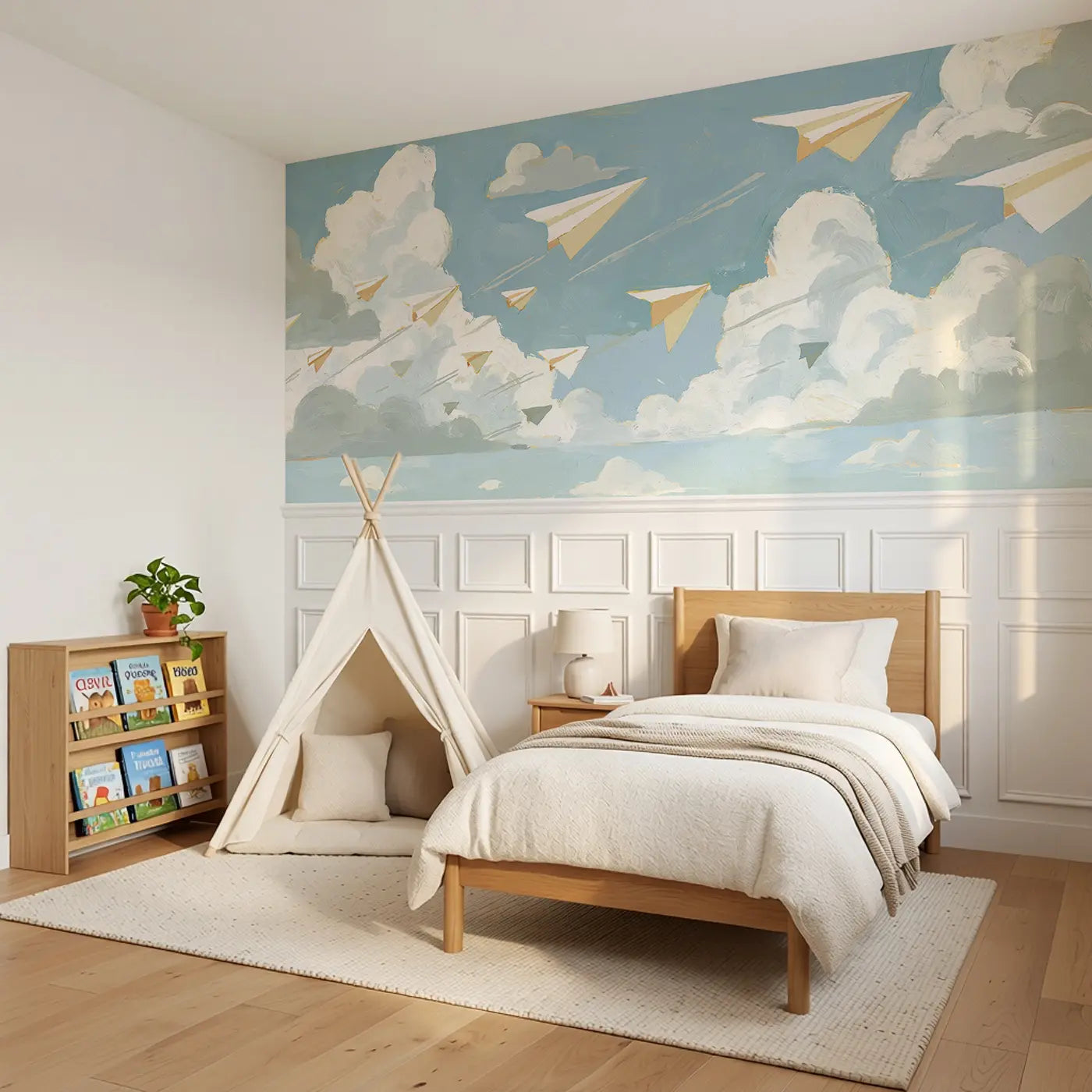 Graphic Paper Plane Fleet Wainscoting Wallpaper styled in a kids bedroom by Whimsy Tots