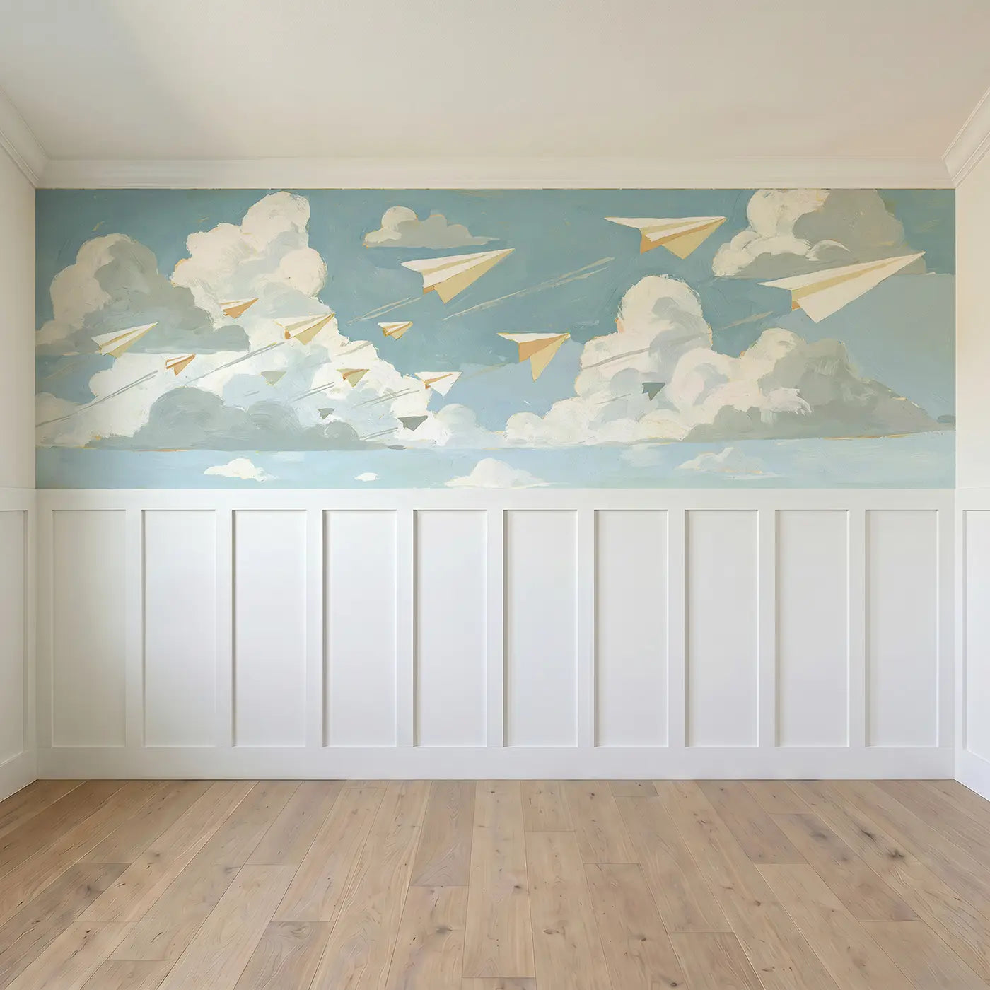 Full panel view of Graphic Paper Plane Fleet Wainscoting Wallpaper by Whimsy Tots