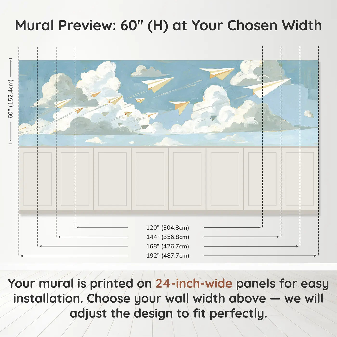 Panel dimensions for Graphic Paper Plane Fleet Wainscoting Wallpaper by Whimsy Tots