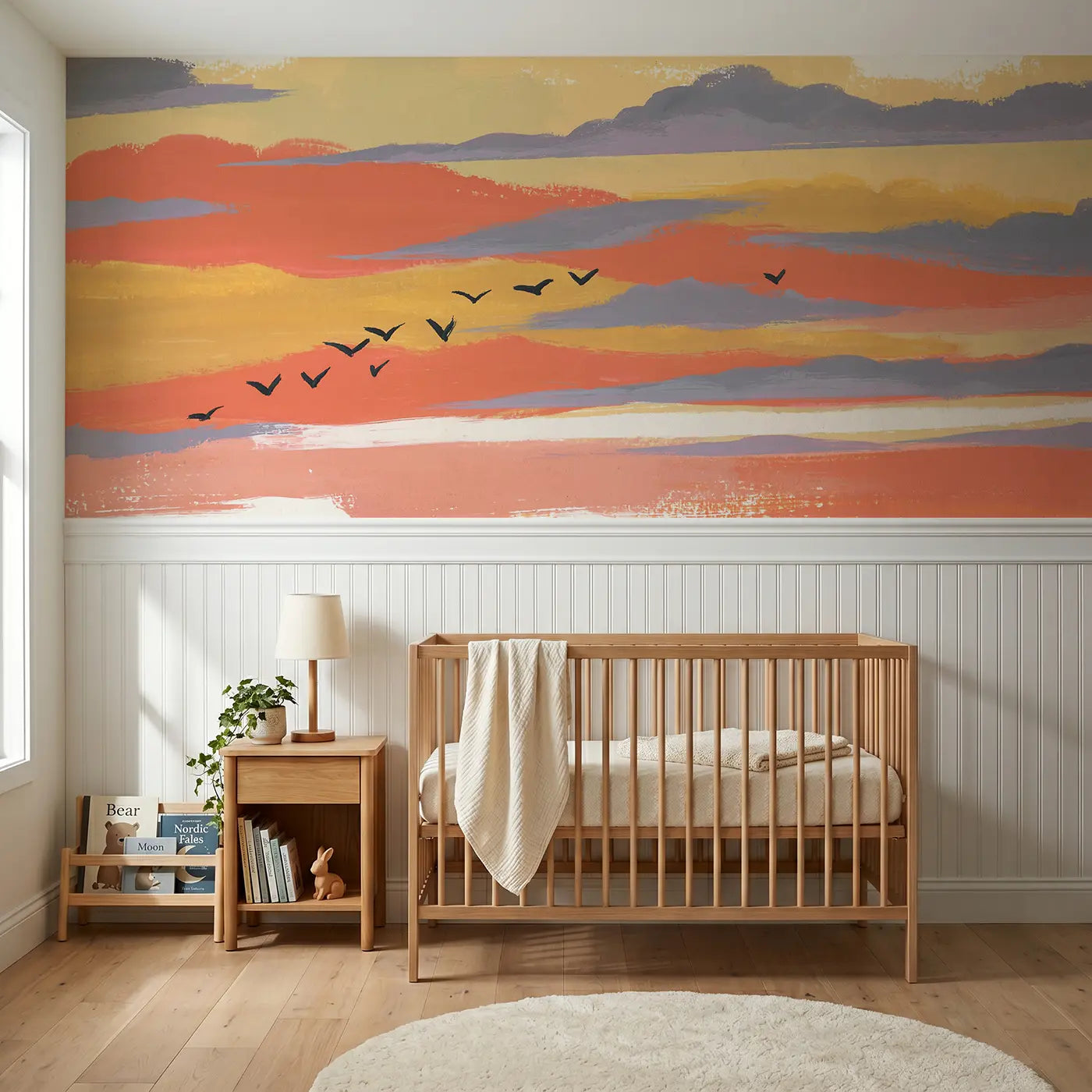 Modern Illustration bold sunset cloud band wainscoting wallpaper for nursery by Whimsy Tots