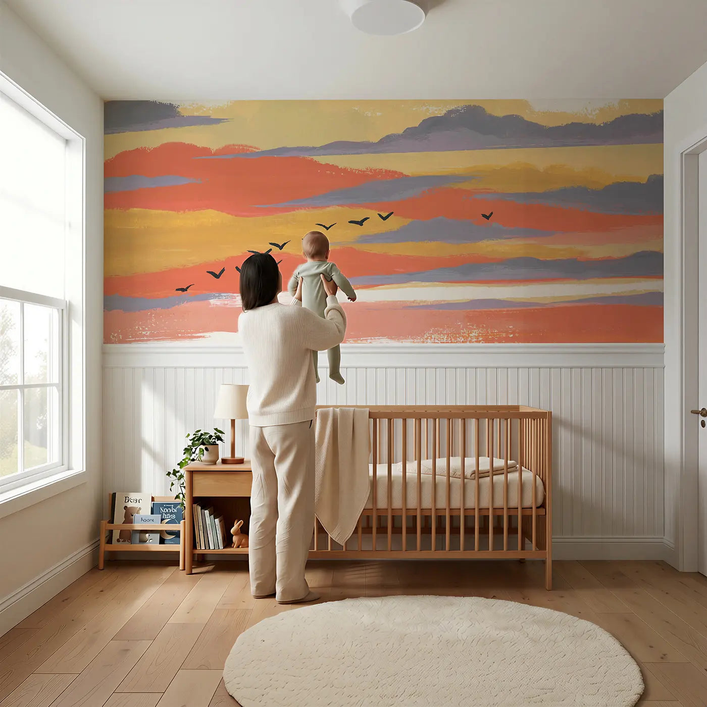 Child reading near Bold Sunset Cloud Band Wainscoting Wallpaper by Whimsy Tots