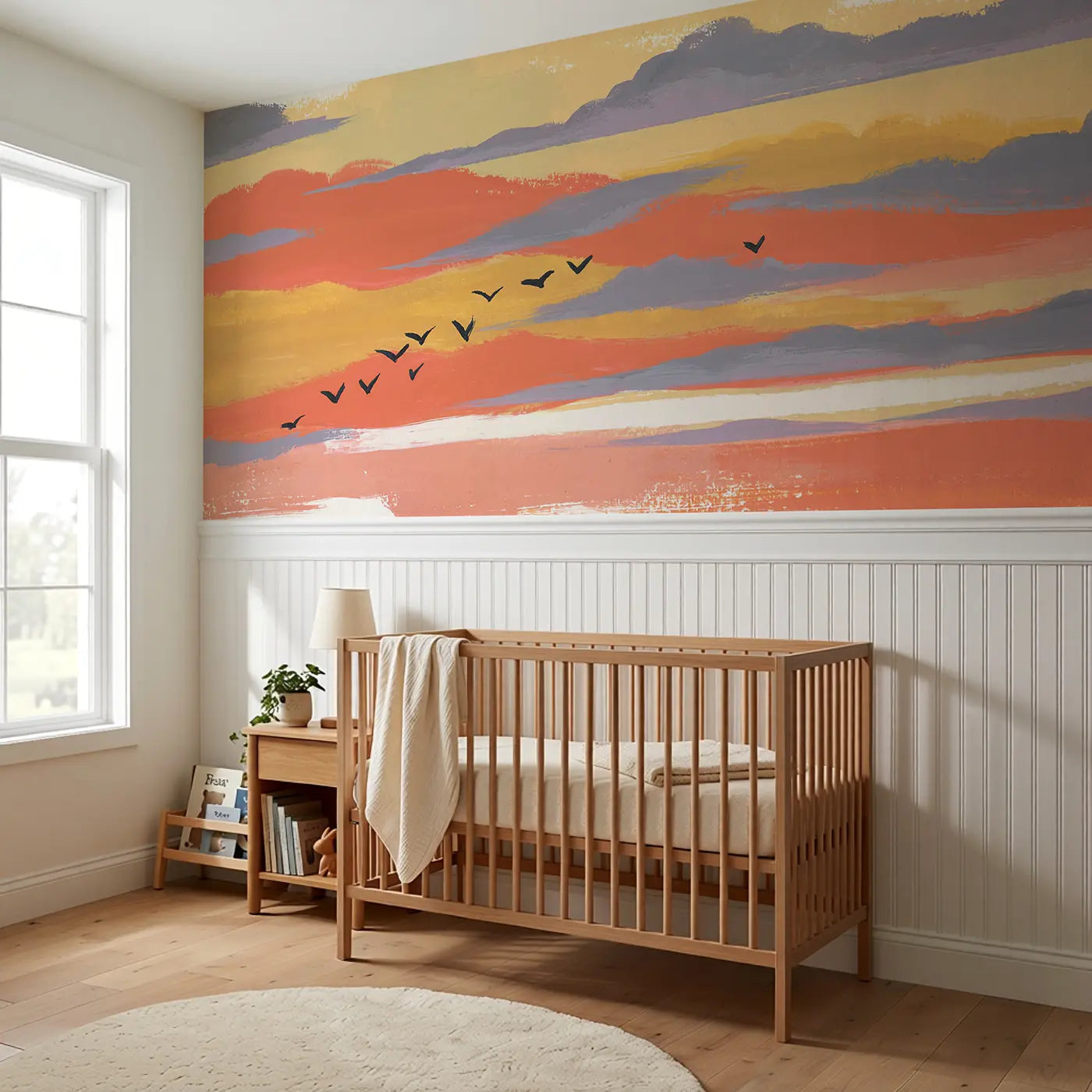 Bold Sunset Cloud Band Wainscoting Wallpaper styled in a kids bedroom by Whimsy Tots