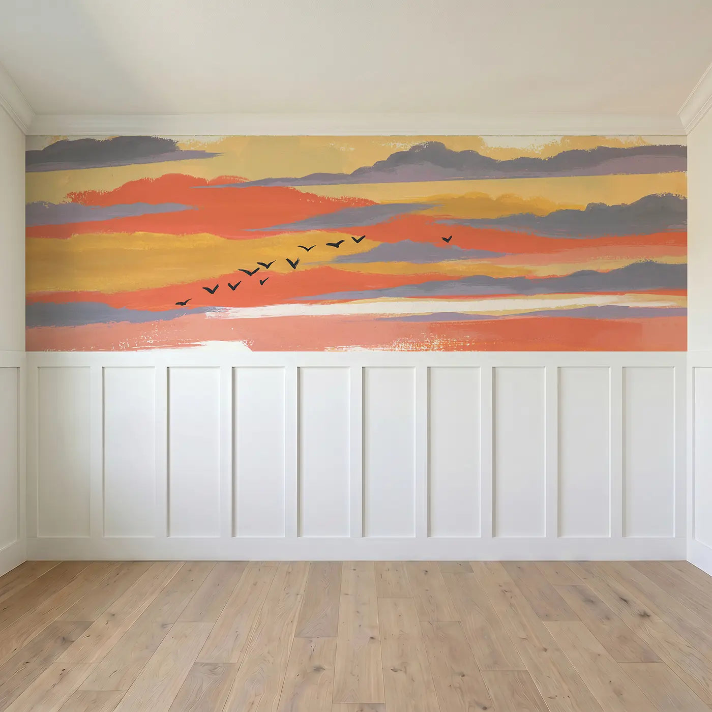 Full panel view of Bold Sunset Cloud Band Wainscoting Wallpaper by Whimsy Tots