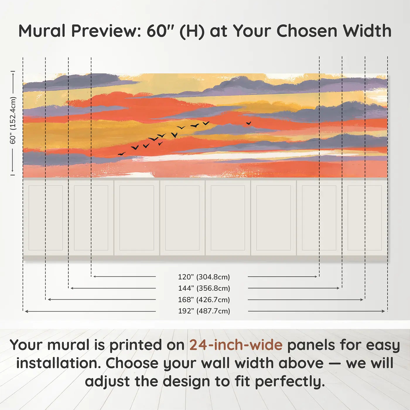Panel dimensions for Bold Sunset Cloud Band Wainscoting Wallpaper by Whimsy Tots