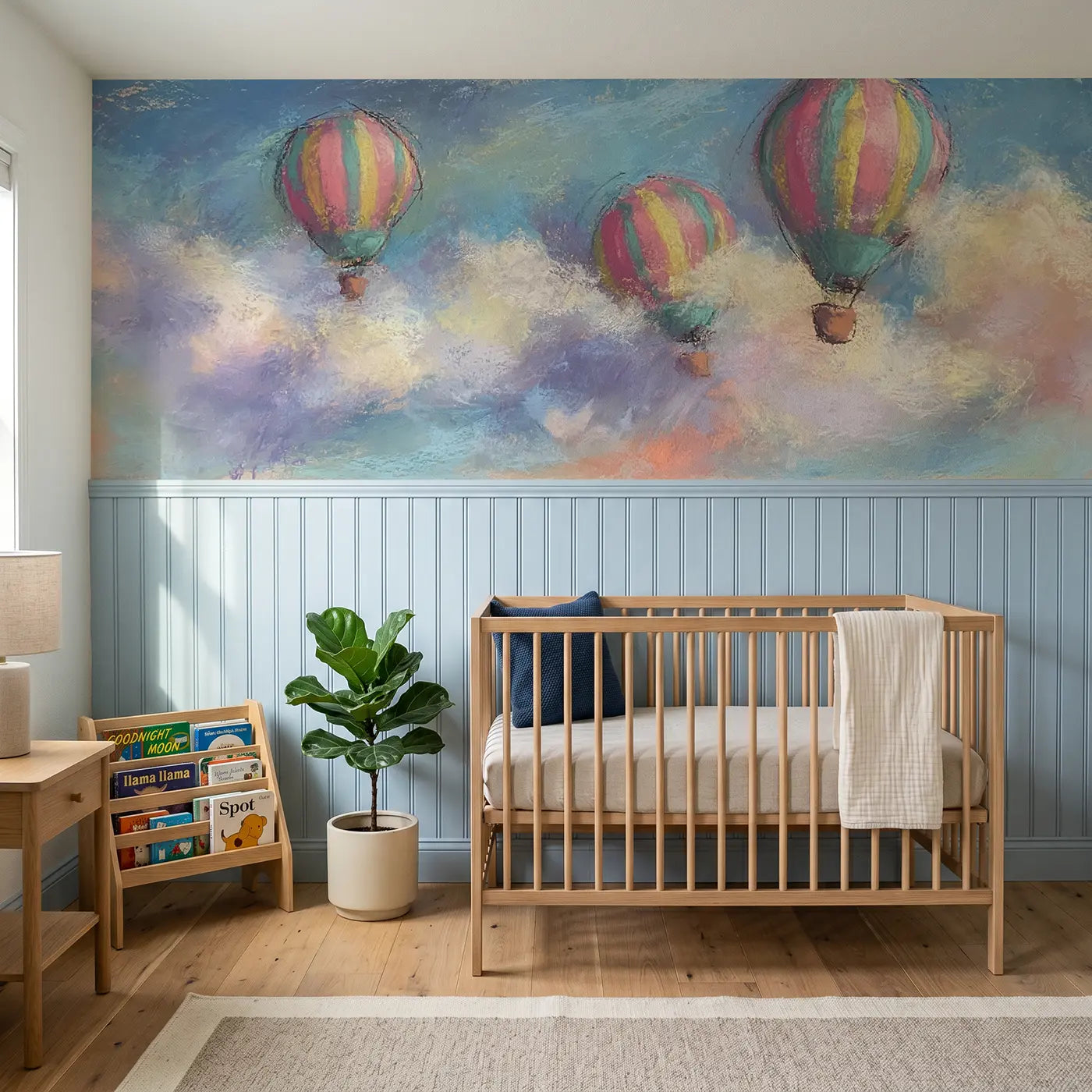 Soft Pastel fuzzy balloon float clouds wainscoting wallpaper for nursery by Whimsy Tots