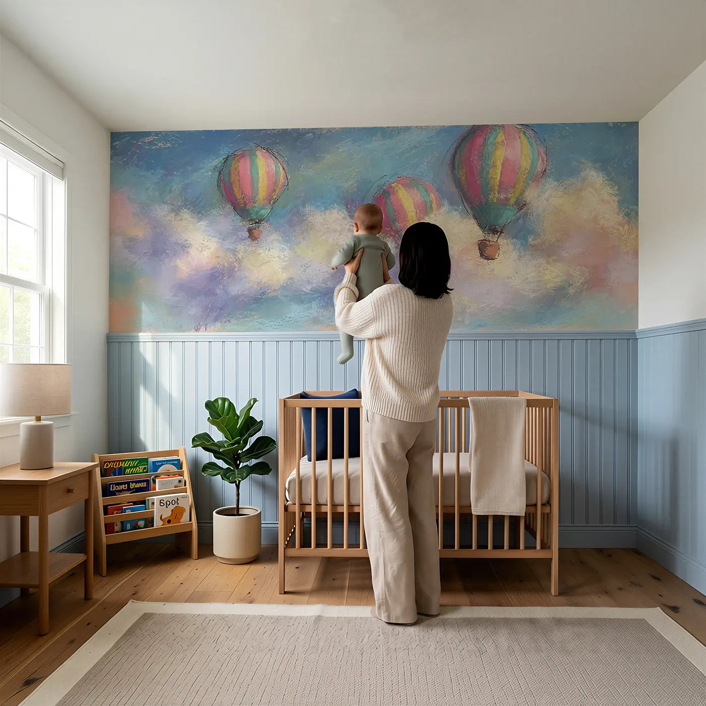 Child reading near Fuzzy Balloon Float Clouds Wainscoting Wallpaper by Whimsy Tots