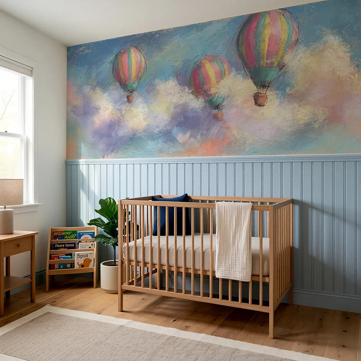 Fuzzy Balloon Float Clouds Wainscoting Wallpaper styled in a kids bedroom by Whimsy Tots