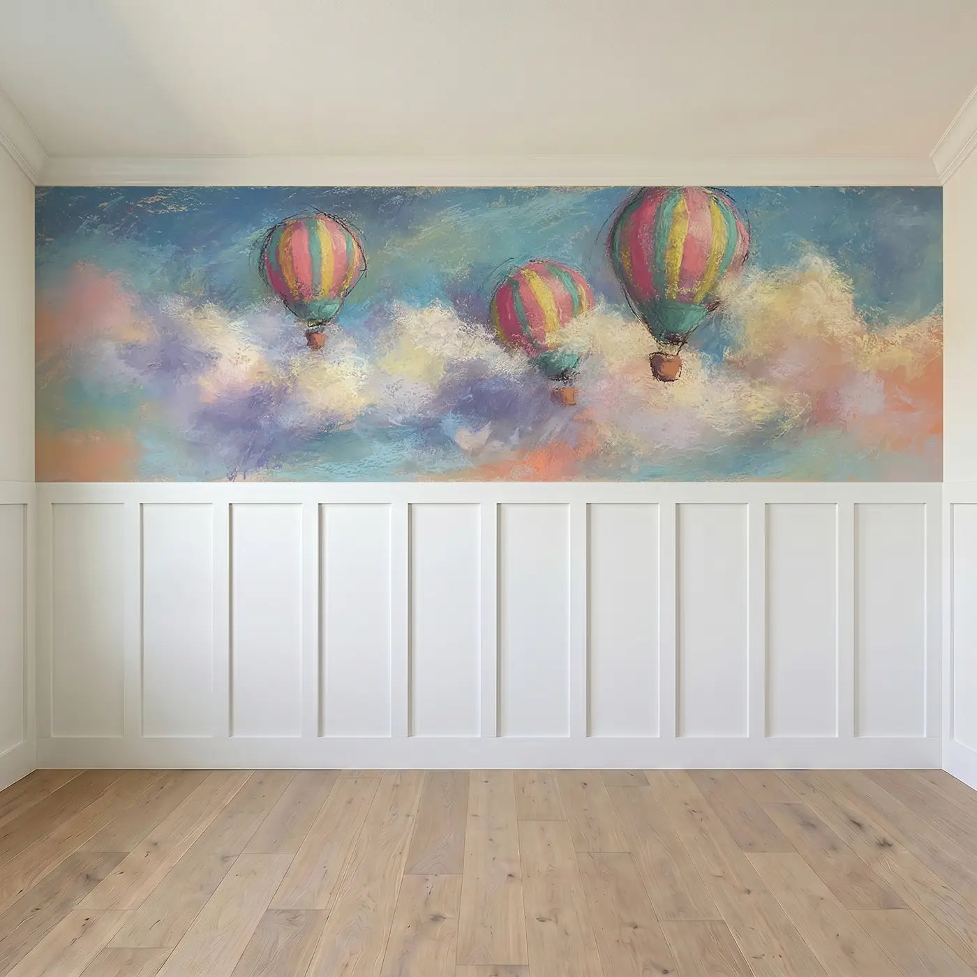 Full panel view of Fuzzy Balloon Float Clouds Wainscoting Wallpaper by Whimsy Tots