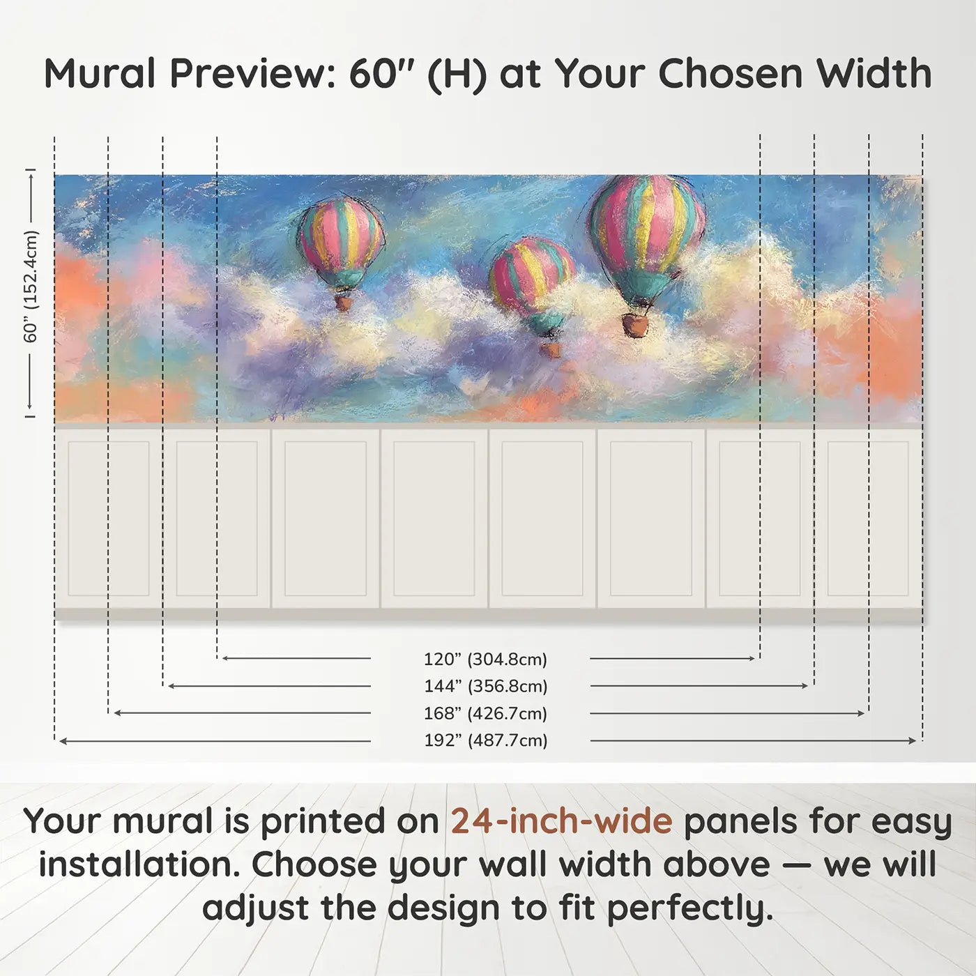Panel dimensions for Fuzzy Balloon Float Clouds Wainscoting Wallpaper by Whimsy Tots