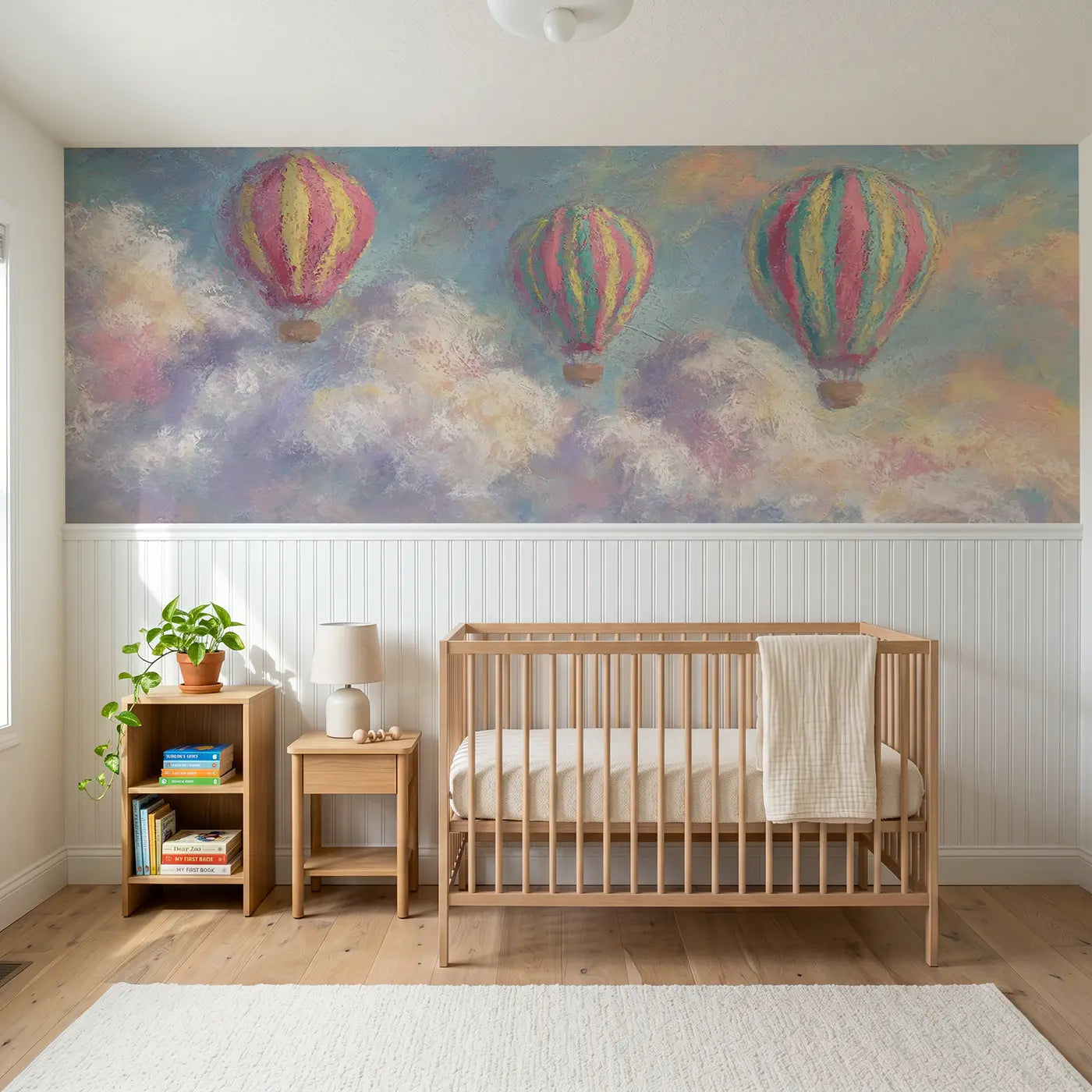 Soft Pastel chalk moon cloud sleep wainscoting wallpaper for nursery by Whimsy Tots