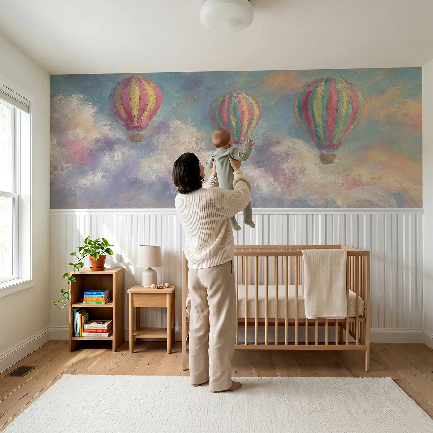 Child reading near Chalk Moon Cloud Sleep Wainscoting Wallpaper by Whimsy Tots