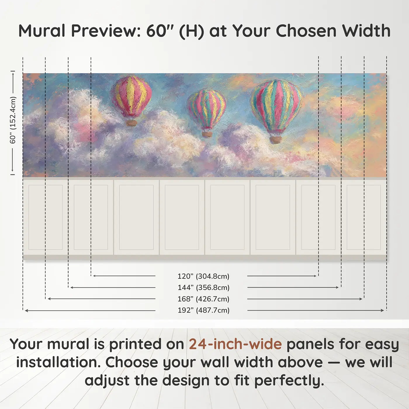 Panel dimensions for Chalk Moon Cloud Sleep Wainscoting Wallpaper by Whimsy Tots