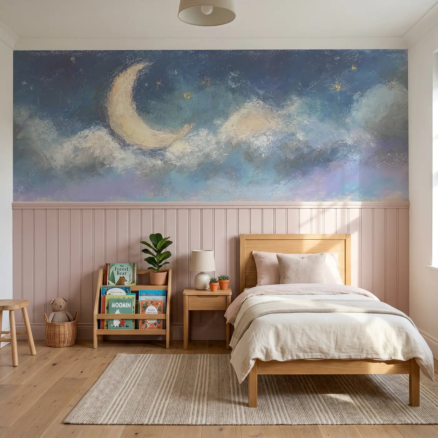 Soft Pastel rainbow arc wainscoting wallpaper for nursery by Whimsy Tots