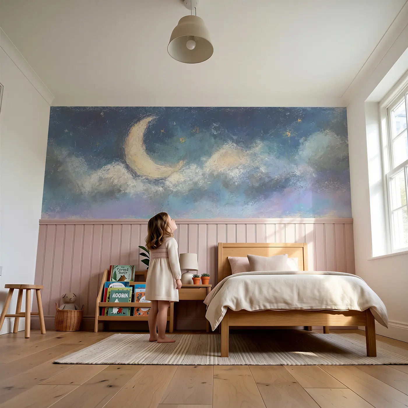 Child reading near Pastel Rainbow Arc Soft Wainscoting Wallpaper by Whimsy Tots