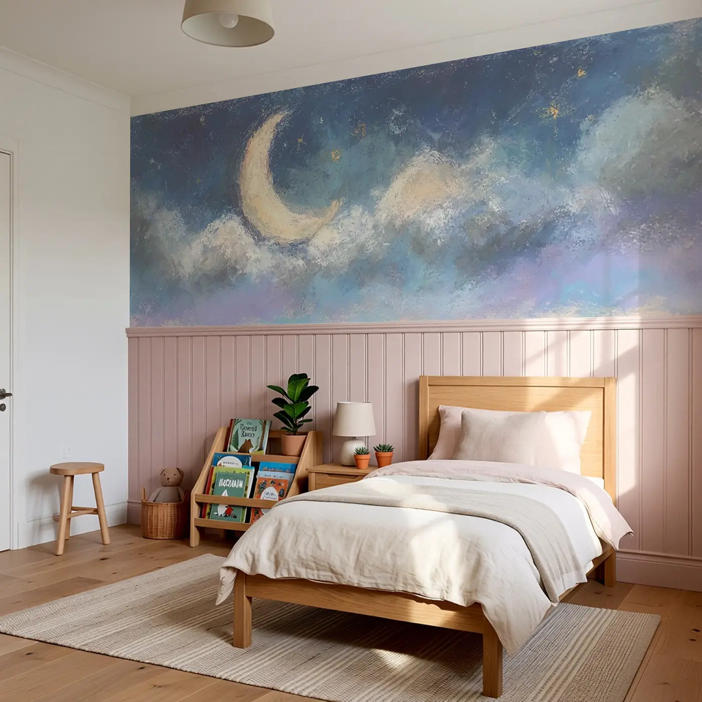 Pastel Rainbow Arc Soft Wainscoting Wallpaper styled in a kids bedroom by Whimsy Tots