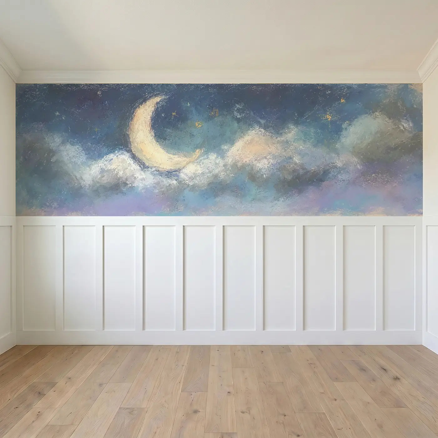 Full panel view of Pastel Rainbow Arc Soft Wainscoting Wallpaper by Whimsy Tots