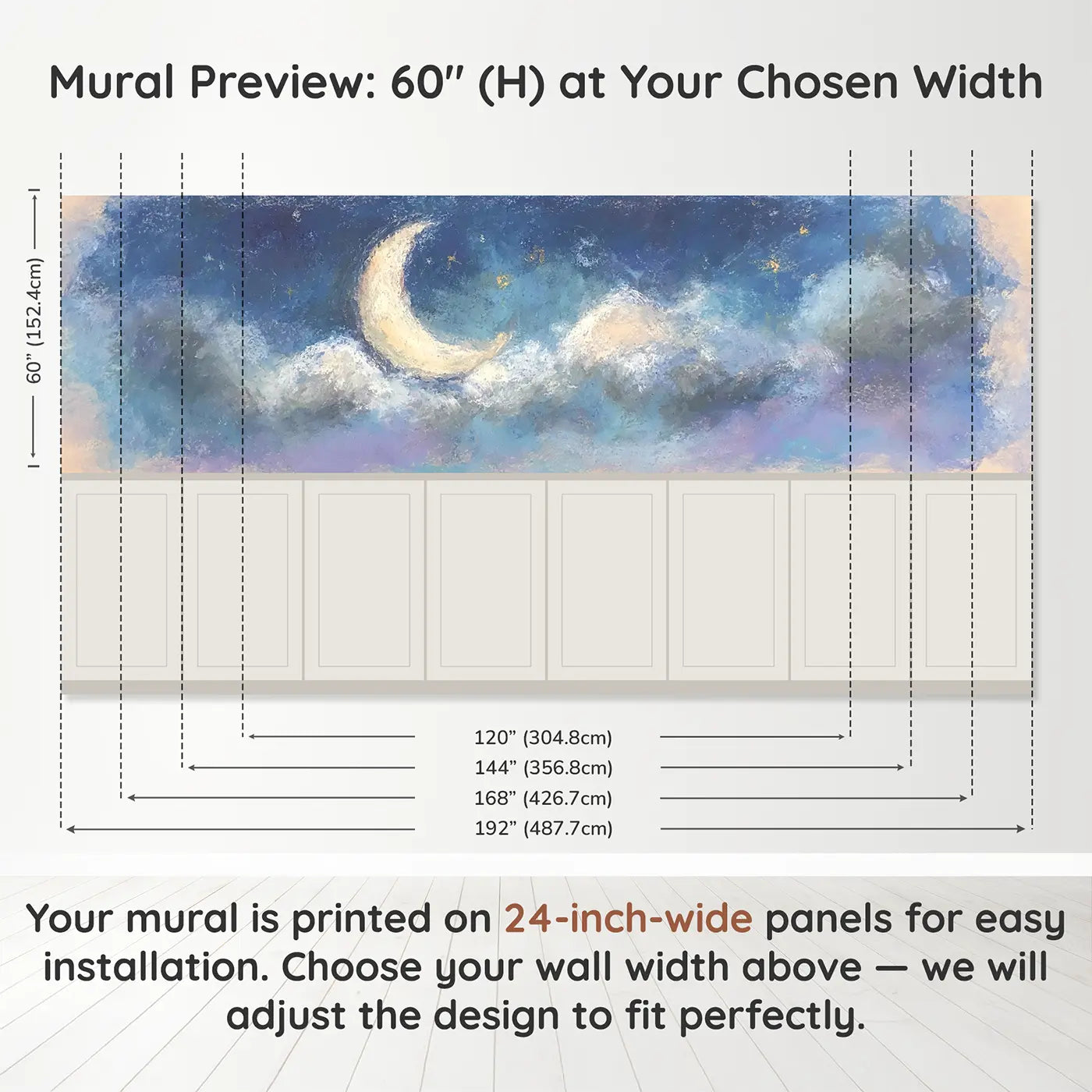 Panel dimensions for Pastel Rainbow Arc Soft Wainscoting Wallpaper by Whimsy Tots
