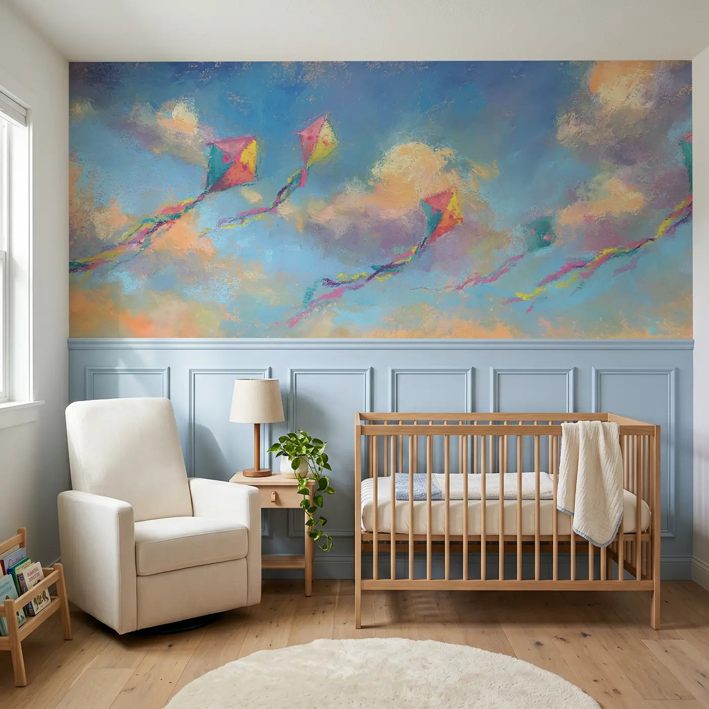 Soft Pastel dreamy kite chalk sky wainscoting wallpaper for nursery by Whimsy Tots