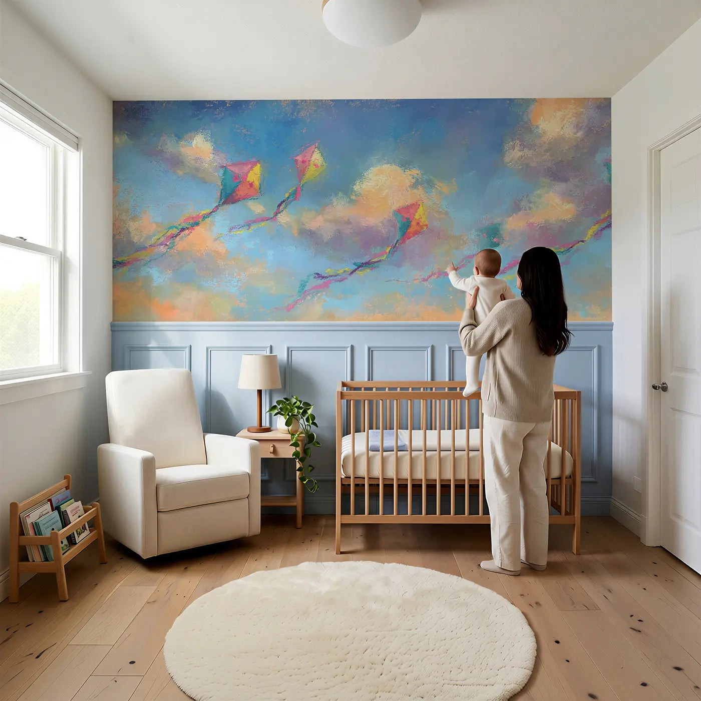 Child reading near Dreamy Kite Chalk Sky Wainscoting Wallpaper by Whimsy Tots