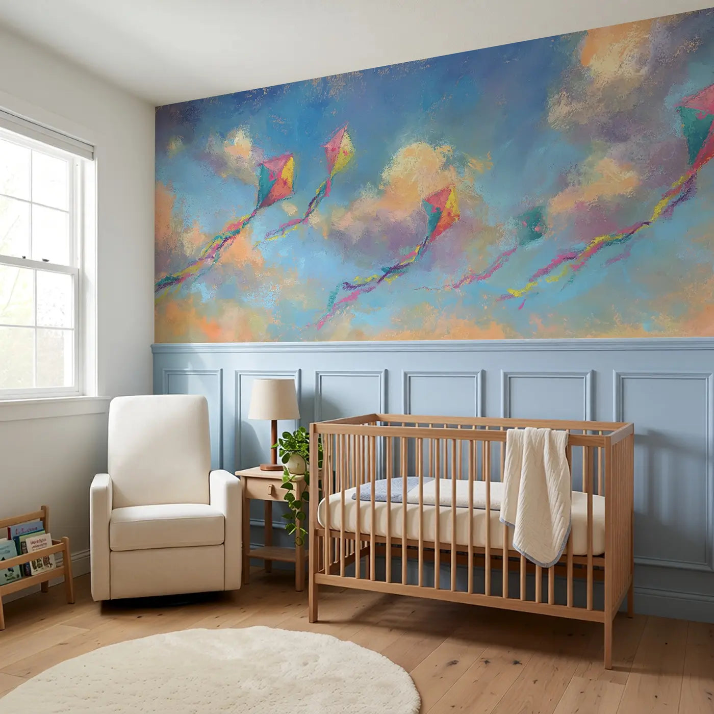 Dreamy Kite Chalk Sky Wainscoting Wallpaper styled in a kids bedroom by Whimsy Tots