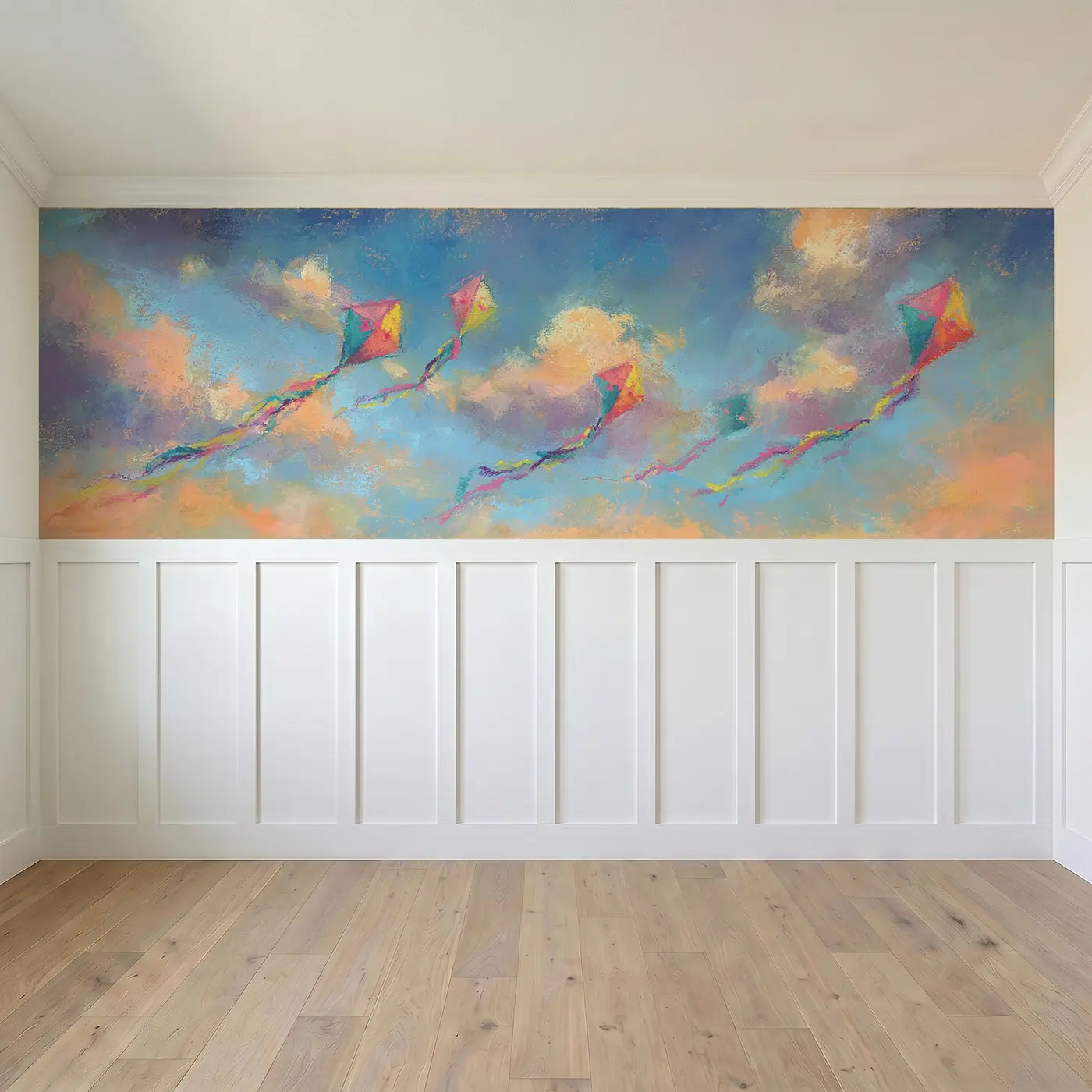 Full panel view of Dreamy Kite Chalk Sky Wainscoting Wallpaper by Whimsy Tots