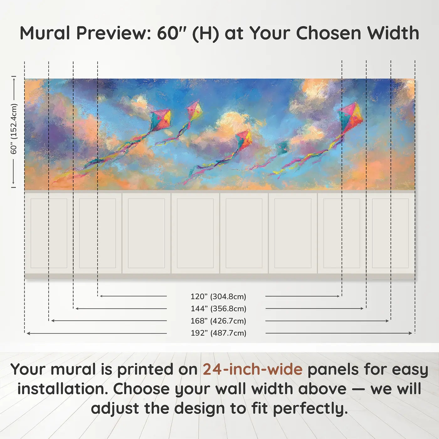 Panel dimensions for Dreamy Kite Chalk Sky Wainscoting Wallpaper by Whimsy Tots