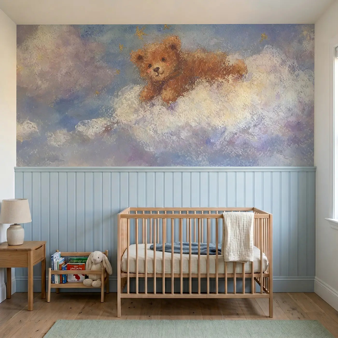 Soft Pastel chalk cloud bear float wainscoting wallpaper for nursery by Whimsy Tots