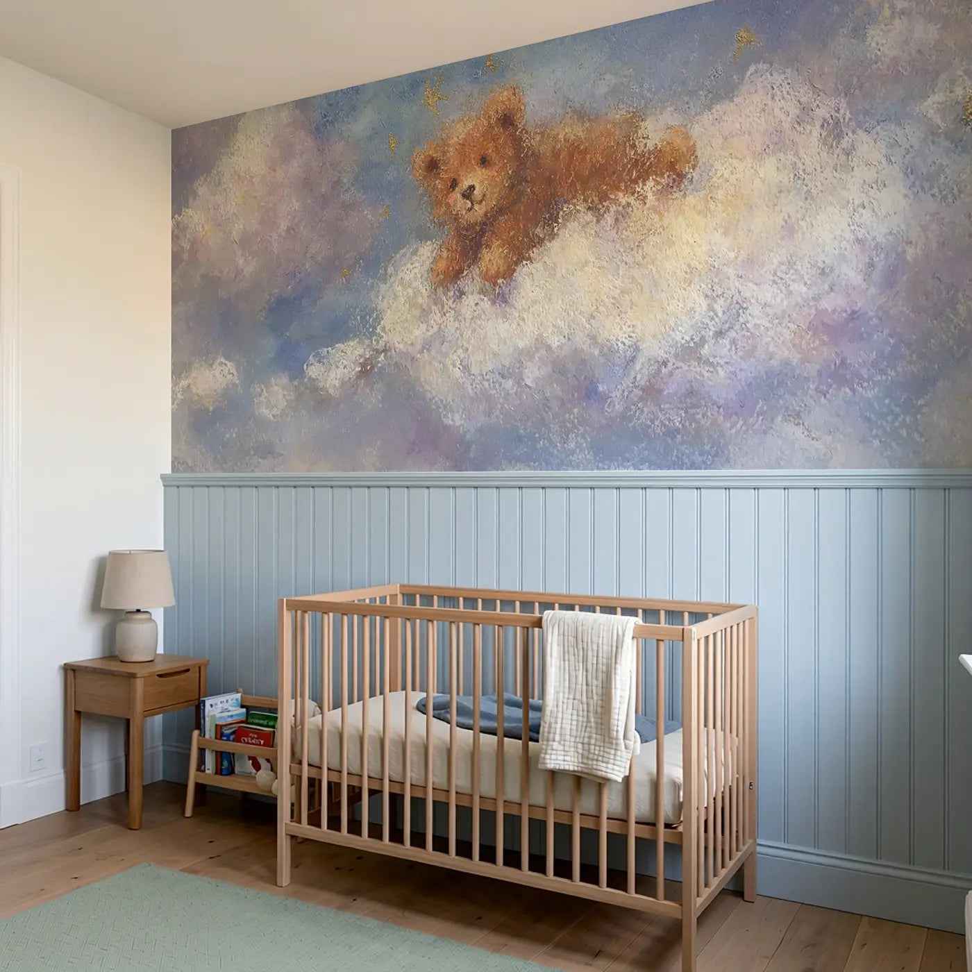 Chalk Cloud Bear Float Wainscoting Wallpaper styled in a kids bedroom by Whimsy Tots