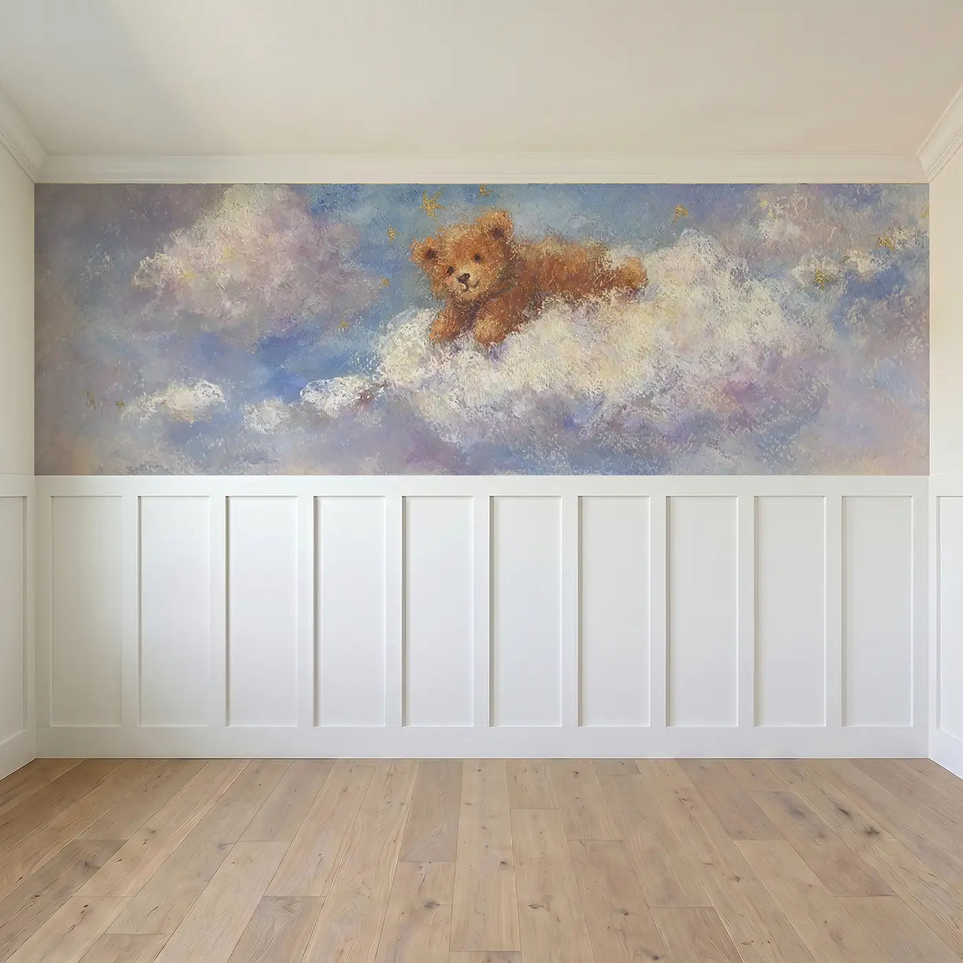 Full panel view of Chalk Cloud Bear Float Wainscoting Wallpaper by Whimsy Tots