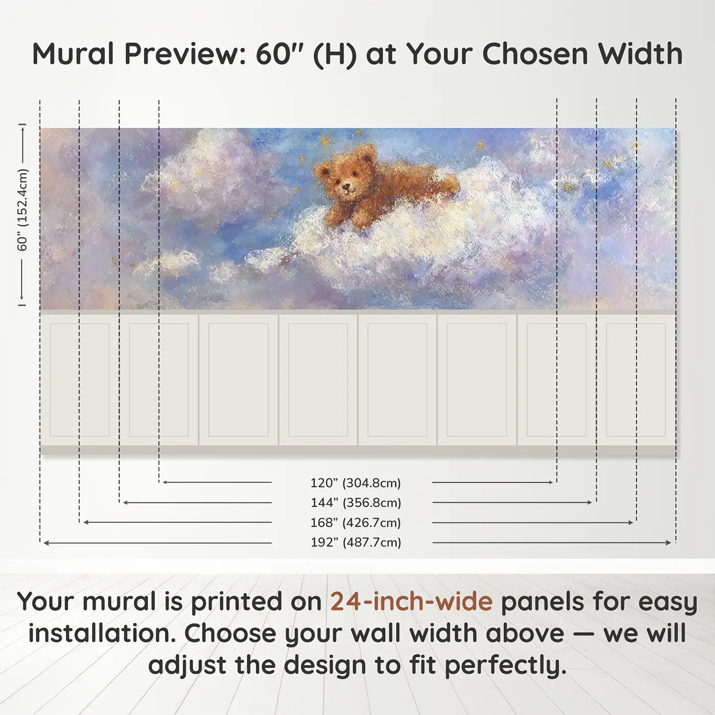 Panel dimensions for Chalk Cloud Bear Float Wainscoting Wallpaper by Whimsy Tots